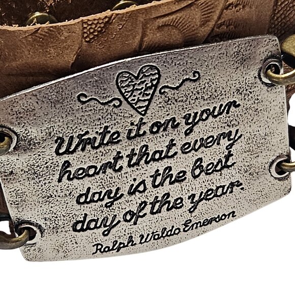 Handcrafted Leather Cuff Bracelet Etched Plate Emerson Write It On Your Heart - Picture 2 of 5